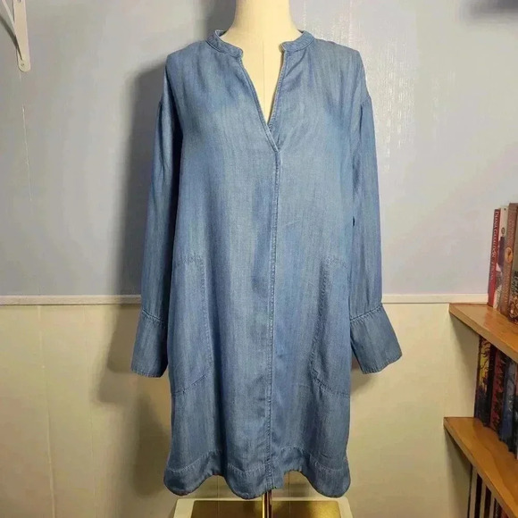 Lou & Gray Small Lyocell Blue V Neck Button Long Sleeve Lightweight Tunic Dress - Picture 1 of 11